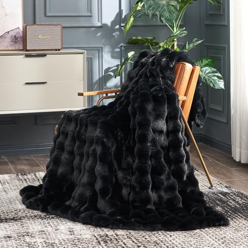 Cozy Bliss Faux Fur Throw Blanket for Couch, Fuzzy Soft Plush Thick Bubble Blanket for Sofa Bedroom Living Room, 50 * 60 Inches Black | Amazon (US)