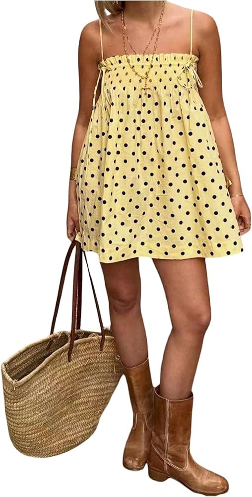 SweatyRocks Women's Polka Dots Print Smocked Mini Dress Spaghetti Strap Shirred A Line Summer Dre... | Amazon (US)