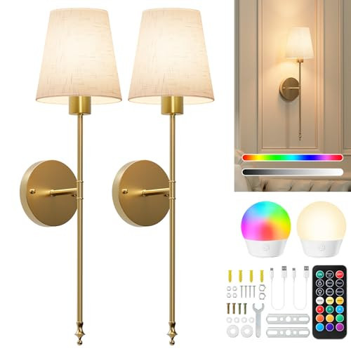 Battery Operated Wall Sconces Set of 2, Cordless Wall Lights with Rechargeable Bulbs and Remote, 12 Lighting Colors and Dimmable, Battery Powered Wall Lights for Bedroom Living Room, Gold + Flax | Amazon (US)