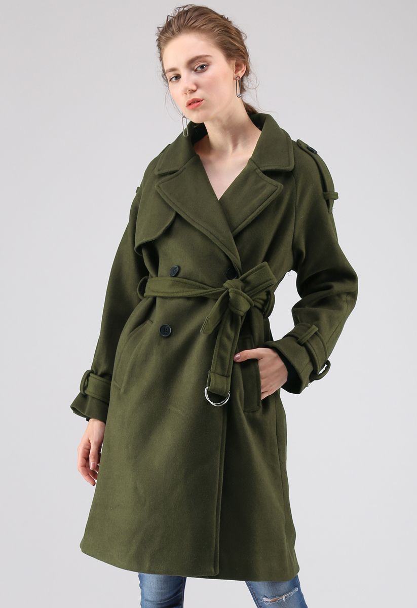 Snug Double-Breasted Wool-Blend Coat in Army Green | Chicwish