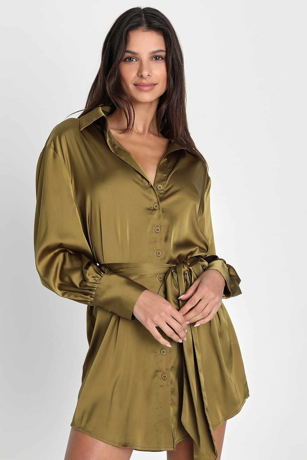 Impressive Sophistication Olive Green Satin Button-Up Mini Dress | Lulus (US)