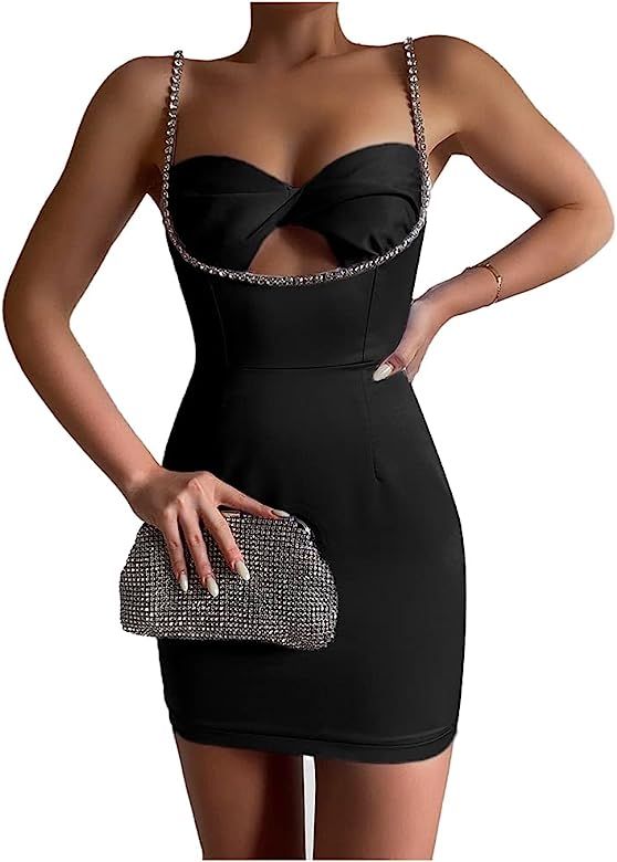 XLLAIS Women Rhinestone Spaghetti Strap Cut Out Satin Bodycon Club Mini Dress | Amazon (US)
