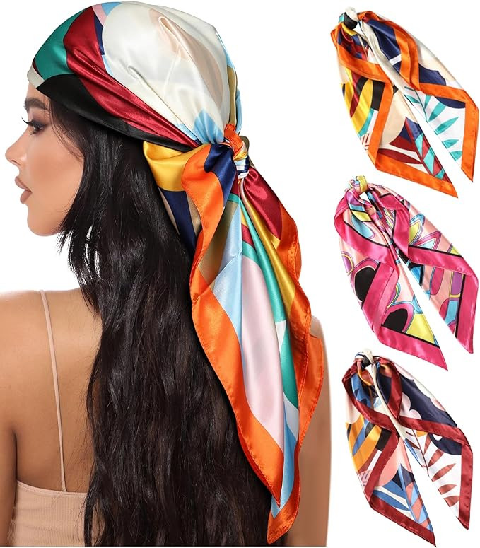 AWAYTR 35” Large Square Satin Head Scarf - 3Pcs Satin Hair Scarves Silk Bandana Scarf Headscarf... | Amazon (US)