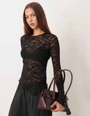 Gina Tricot lace asymmetric long sleeve top in black | ASOS (Global)