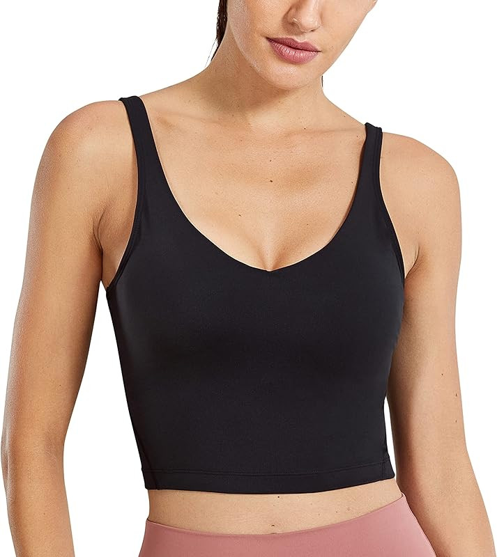 CRZ YOGA Womens V Neck Workout Tank Tops with Built in Bras - Cropped Padded Athletic Longline Sp... | Amazon (US)