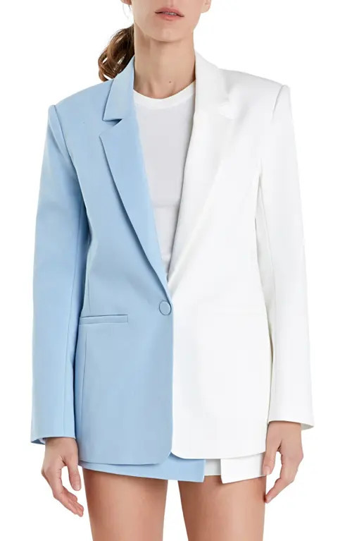 English Factory Colorblock Boyfriend Blazer in Powder Blue/White at Nordstrom, Size X-Small | Nordstrom