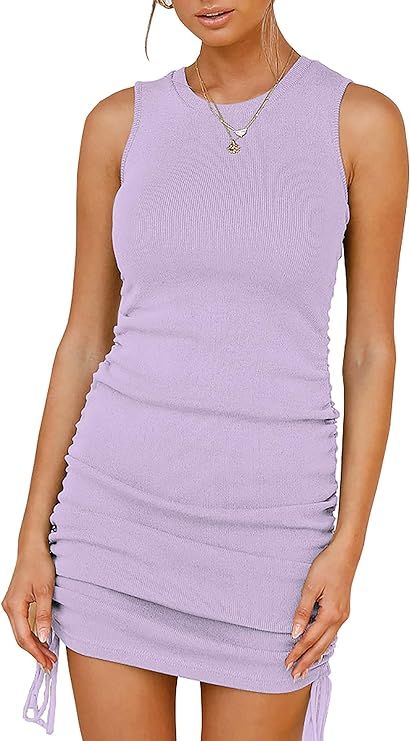 BTFBM Women Sleeveless Bodycon Ruched Short Dress Side Drawstring Solid Crew Neck Casual Summer T... | Amazon (US)