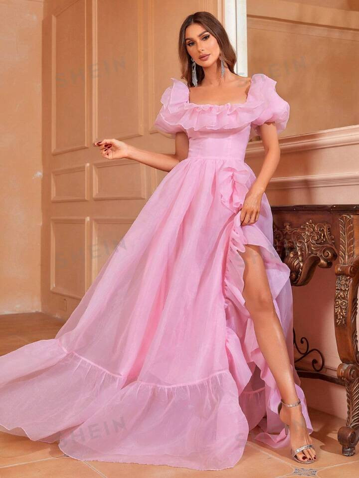 Square Neck Ruffle Trim Split Thigh Organza Formal Dress | SHEIN