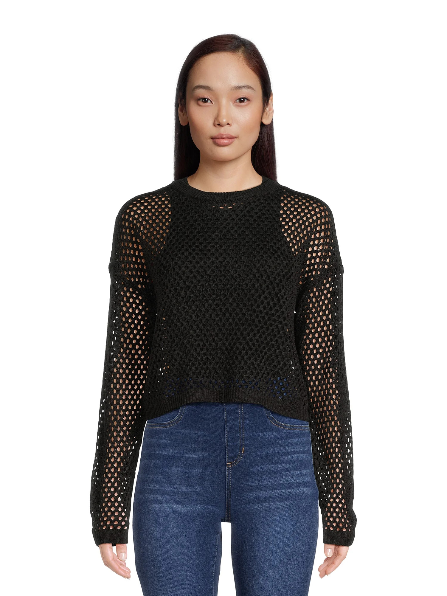 No Boundaries Juniors' Open Stitch Pullover Sweater with Long Sleeves, Sizes XS-XXXL | Walmart (US)