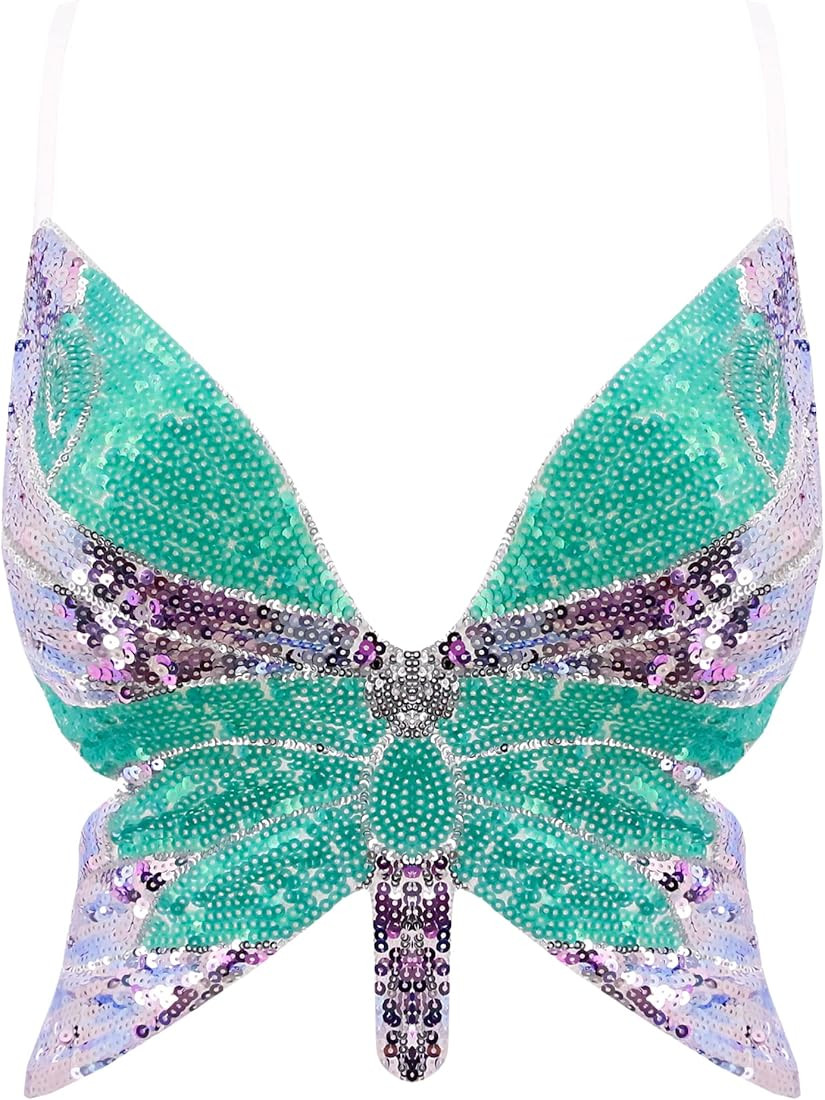 Mocure Womens Glitter Sequin Butterfly Crop Top Low-Cut Tank Top Rave Tube Vest Top for Belly Dance  | Amazon (US)