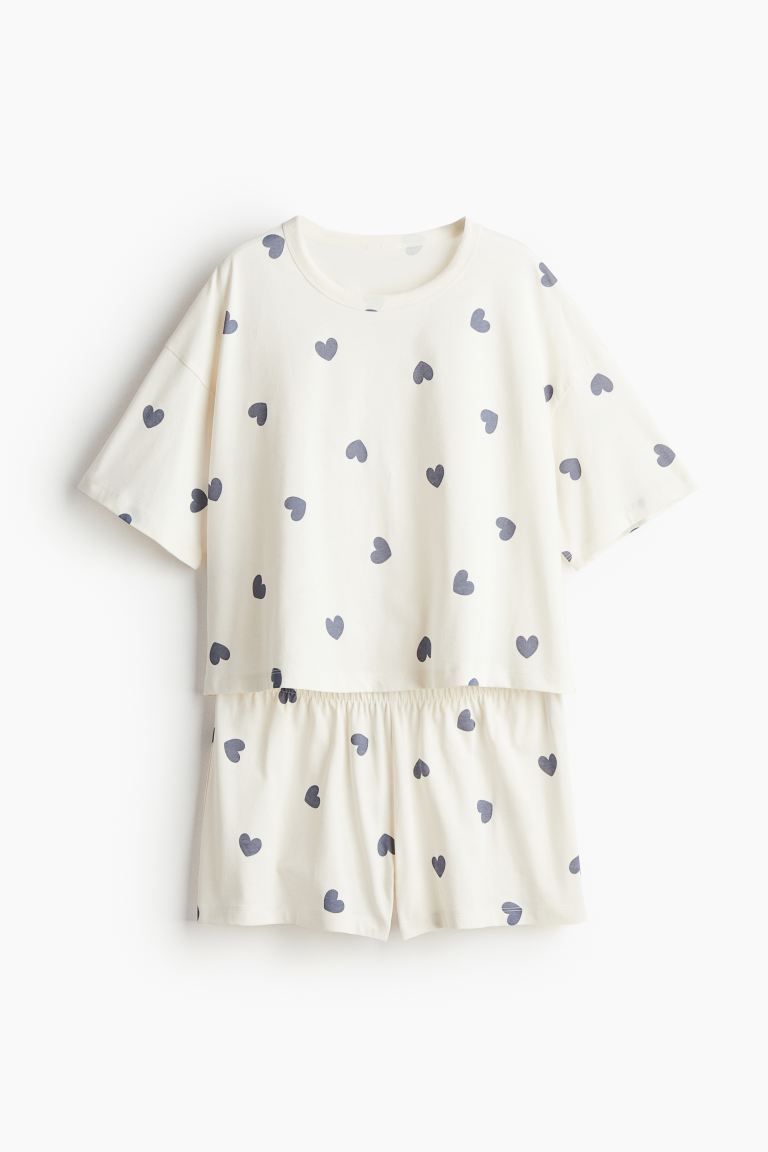 Pajama T-shirt and Shorts - Round Neck - Short sleeve - White/hearts - Ladies | H&M US | H&M (US + CA)