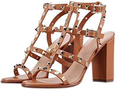 Leather Sandals for Women,Rivets Studded Strappy Block Heels Slingback Gladiator Shoes Cut Out Dr... | Amazon (US)