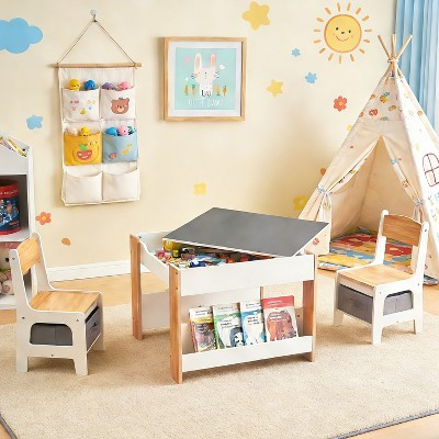 LuxenHome Toddler Table and Chairs Set with Storage and Bookshelf, Reversible Blackboard Tabletop, Kids Art Table and Chair Set, Ages 3-6 Multicolored | Target