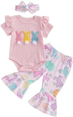 Sasaerucure Newborn Infant Baby Girl Easter Outfit Short Sleeve Bunny Romper + Flare Pants + Head... | Amazon (US)