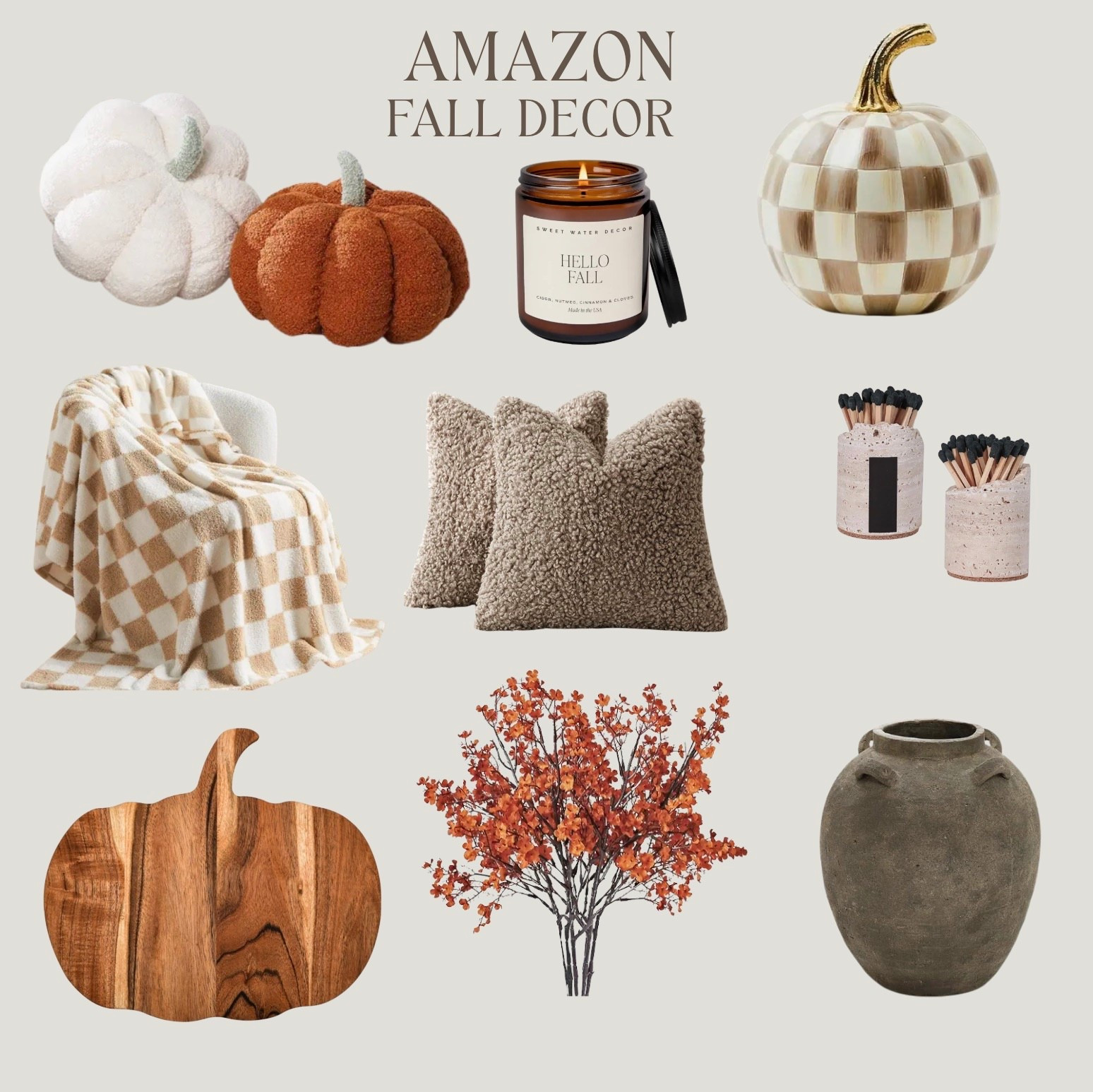 Affordable Fall Home Decor from Amazon
Fall Pillows
Pumpkin Board 
Faux flowers 
Cozy blanket 
Pumpkin Pillows 
Fall Candle 
Checkerboard Pumpkin 
Terra Cotta vase
Mackenzie Childs Pumpkin 

#LTKHome #LTKSeasonal #LTKStyleTip