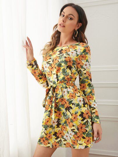 SHEIN Floral Print Belted Dress | SHEIN