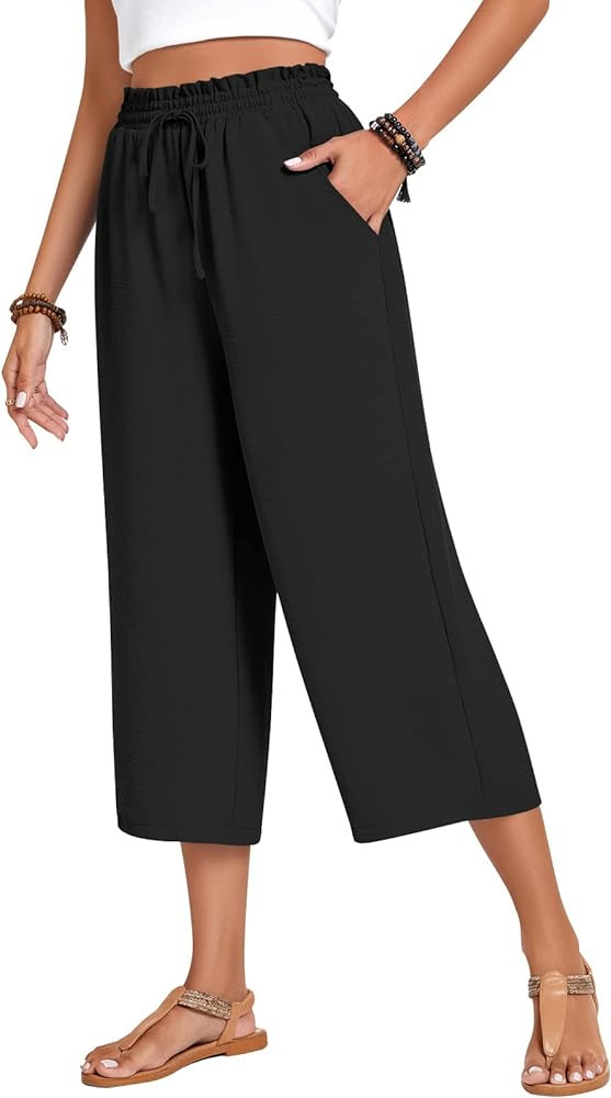 Anyhold Women's Capri Pants Drawstring Casual Palazzo Trousers with Pockets Loose High Waisted Wi... | Amazon (US)