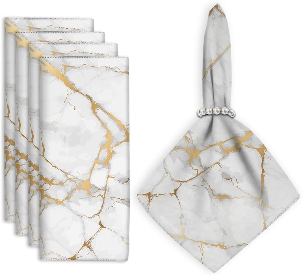 Cloth Napkins Set of 4,White Gold Marble Table Cloth Napkins,Durable Washable Dining Napkins Clot... | Amazon (US)