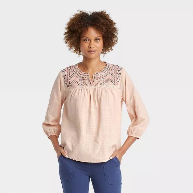 Women's Bishop Long Sleeve Embroidered Top - Knox Rose™ Pink | Target