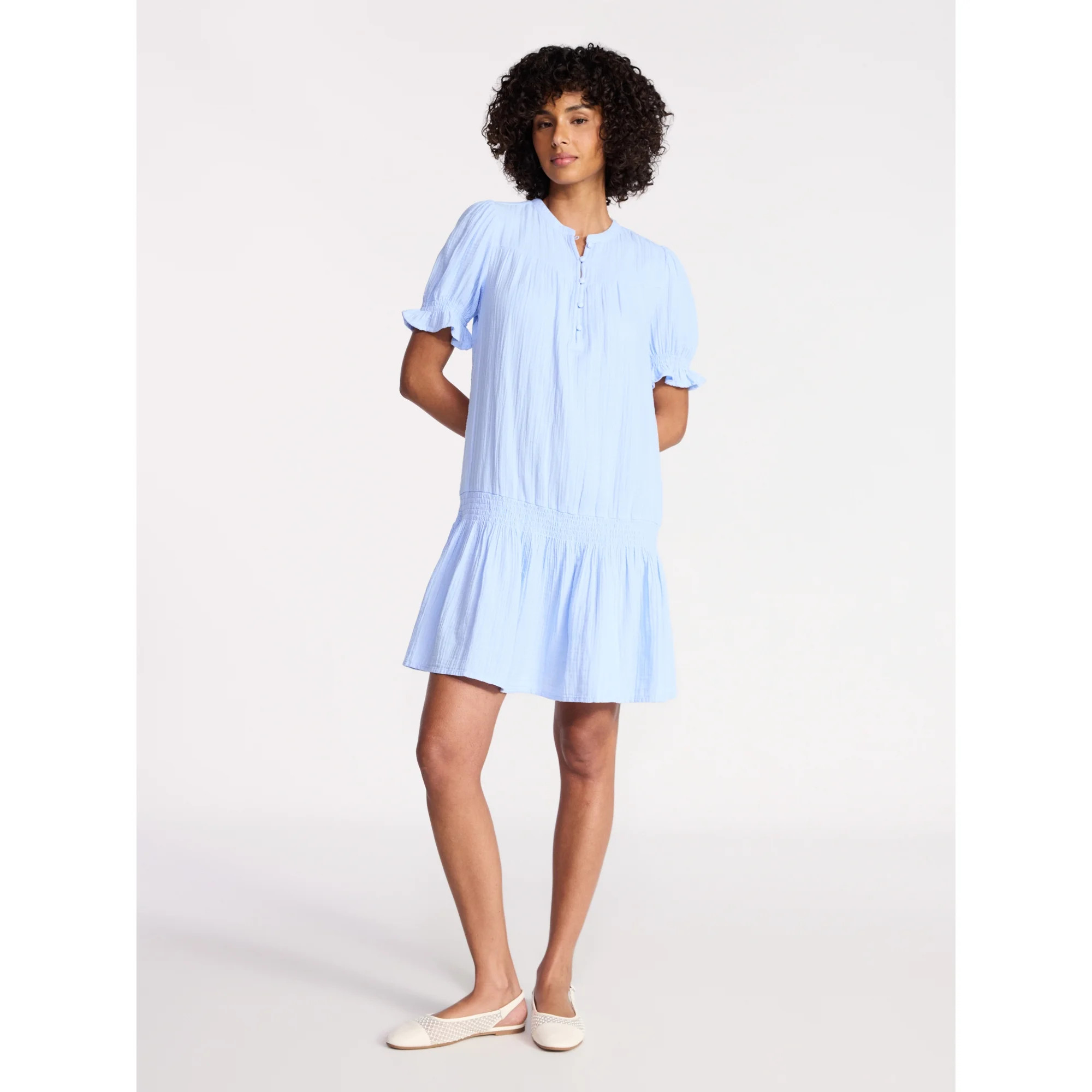 Time and Tru Women's Cotton Double Cloth Mini Dress with Drop Waist, Sizes XS-XXXL | Walmart (US)