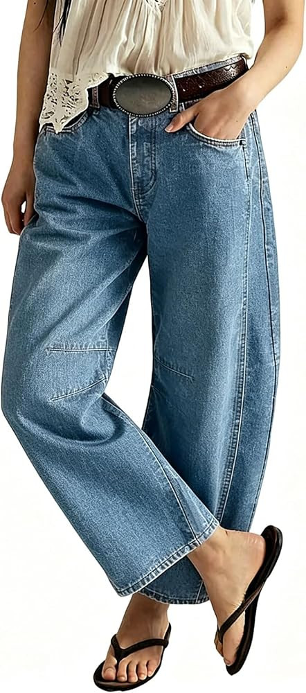 loveimgs Women Casual Wide Leg Mid Rise Jeans Baggy Barrel Jeans Denim Pull On Pants Sweatpants Y... | Amazon (US)
