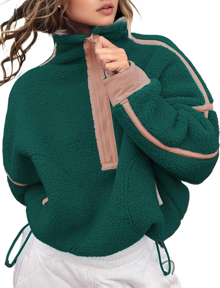 Women's Fleece Sweatshirts Half Zip Pullover Long Sleeve Oversized Workout Crop Tops Hoodie with ... | Amazon (US)
