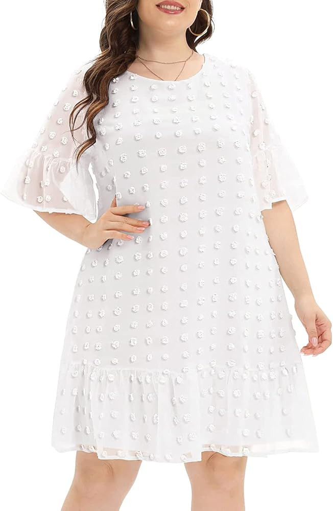 Women's Plus Size Swiss Dot Short Sleeve Ruffle Cute Summer Chiffon Loose Flowy Shift Mini Dress | Amazon (US)