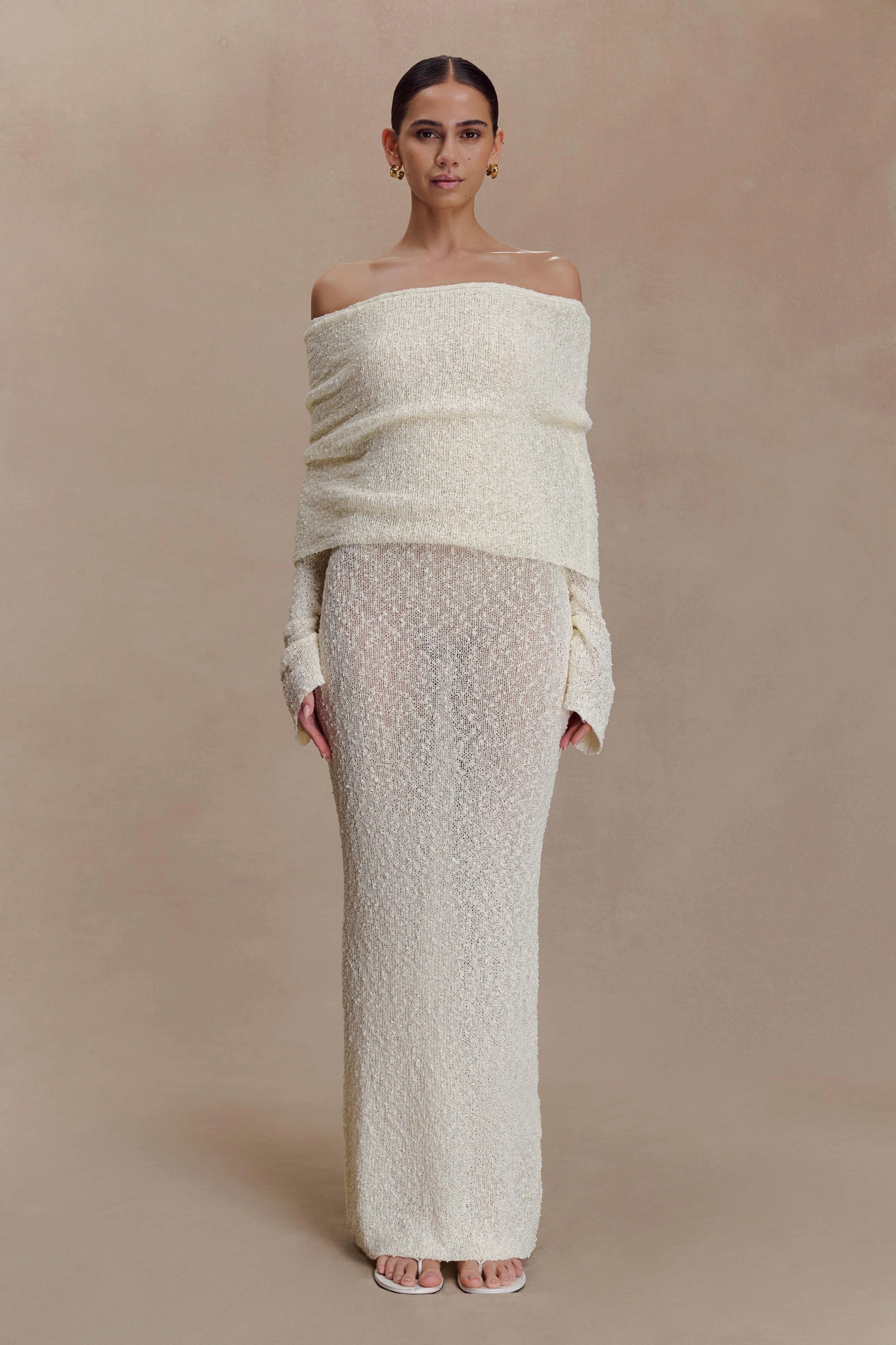 Marisol Off Shoulder Boucle Maxi Dress - Ivory | Meshki UK