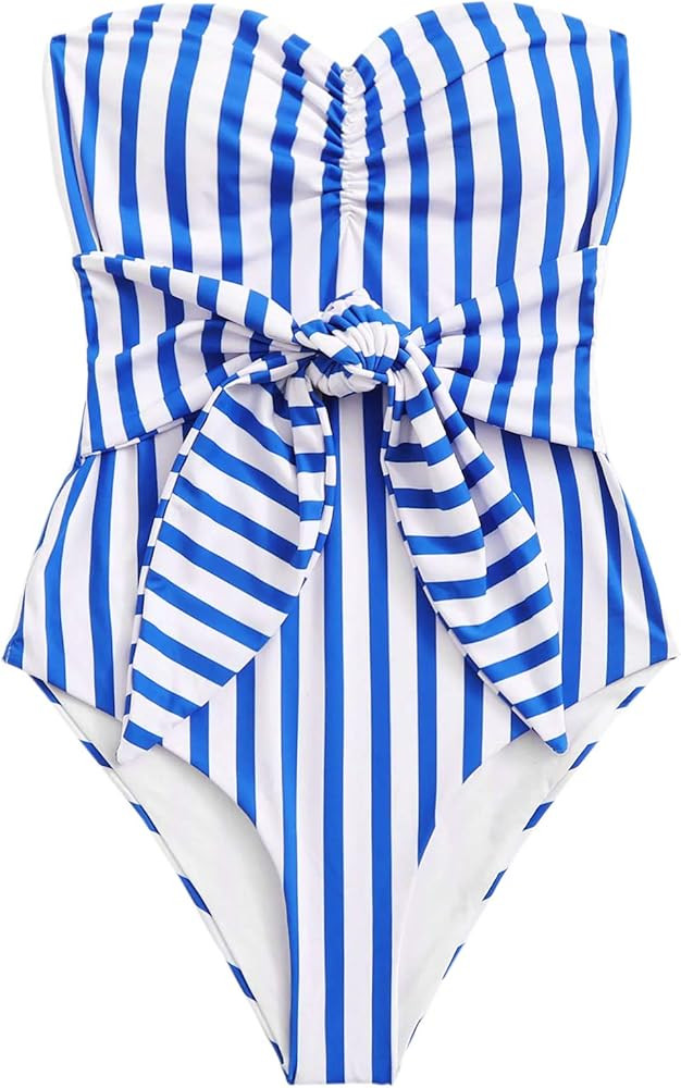 SweatyRocks Women's One Piece Bandeau Striped Knot Front Swimsuit Bathing Suits Blue M | Amazon (US)