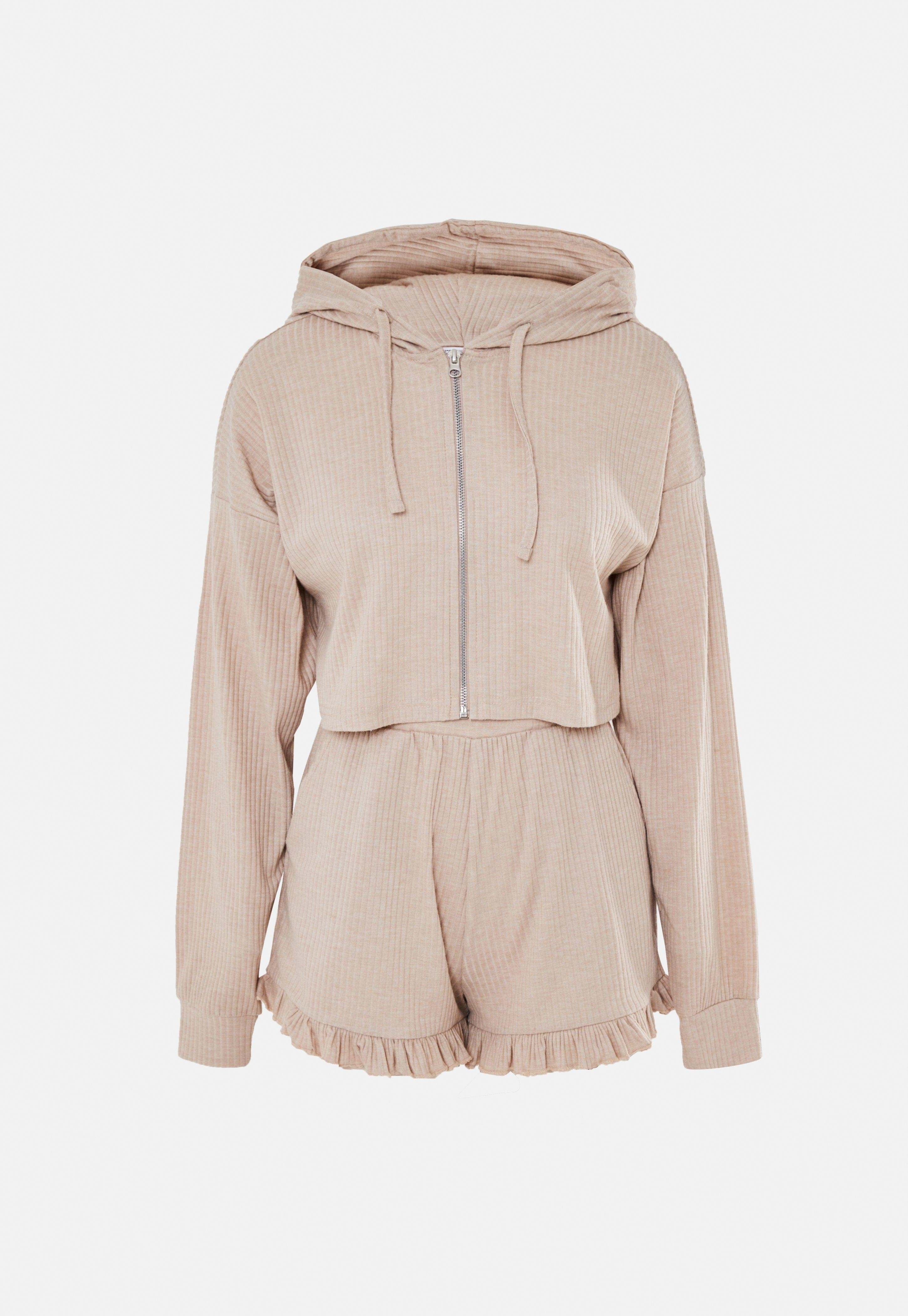 Beige Soft Rib Hoodie and Frill Shorts Loungewear Set | Missguided (US & CA)