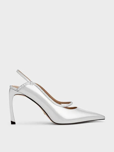 Silver Leather & Satin Crystal-Embellished Pointed-Toe Slingback Pumps | CHARLES & KEITH UK | Charles & Keith UK