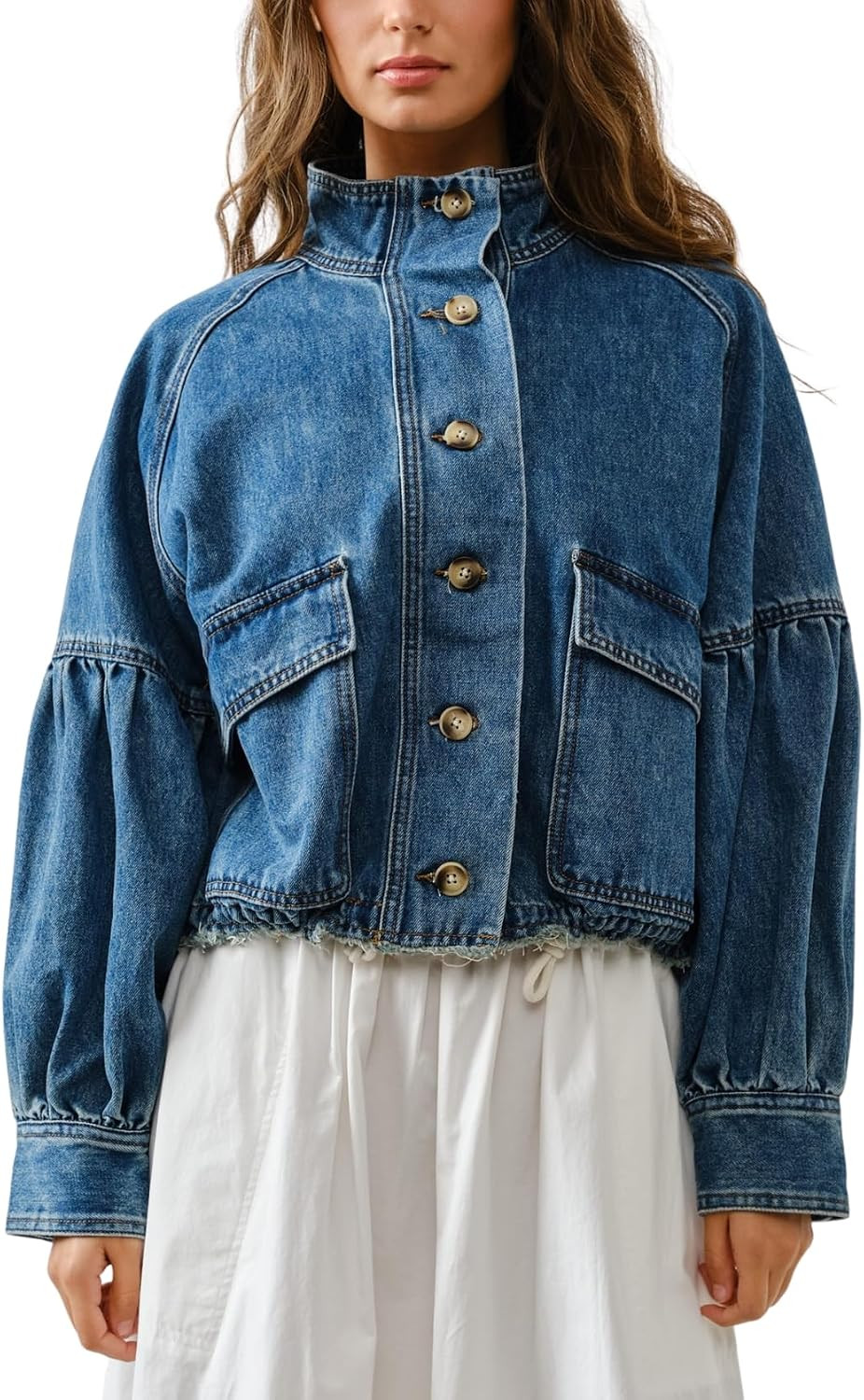 Womens Denim Bomber Jacket Ballon Sleeve Twill Coat Drawstring Waist Outerwear with Pockets | Amazon (US)