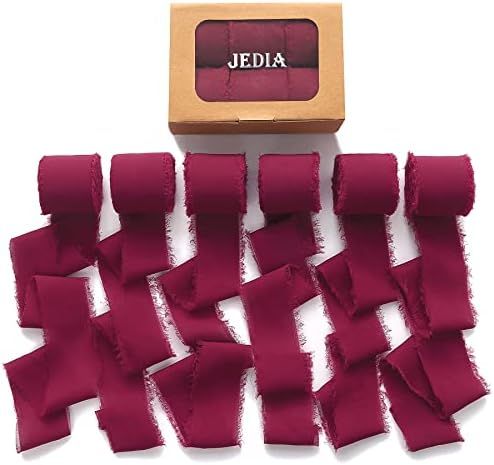 JEDIA Chiffon Ribbon, 6 Rolls Burgundy Handmade Fringe Chiffon Silk Ribbons, 1.5" x 7Yd Christmas Ri | Amazon (US)