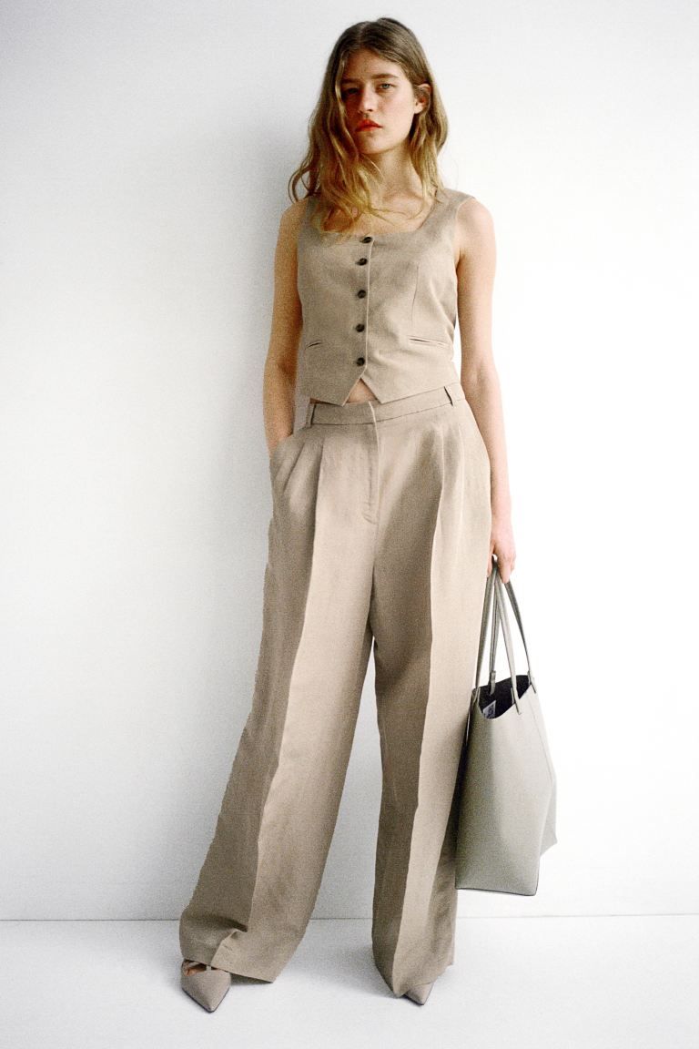 Tailored linen-blend trousers - High waist - Long - Beige - Ladies | H&M GB | H&M (UK, MY, IN, SG, PH, TW, HK)