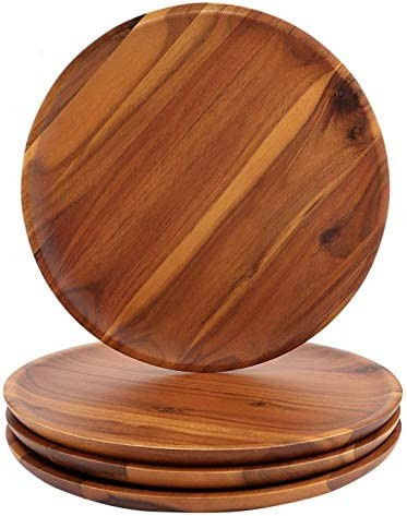 AIDEA Platos de madera de acacia, juego de 4 platos redondos de madera de 8 pulgadas, fáciles de... | Amazon (US)