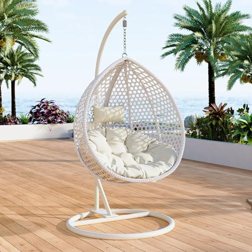 Hanging Egg Chair Outdoor Indoor,Wicker Swing Egg Chair with Stand, 300lbs Capacity for Bedroom Patio Garden Balcony Yard (White) | Amazon (US)