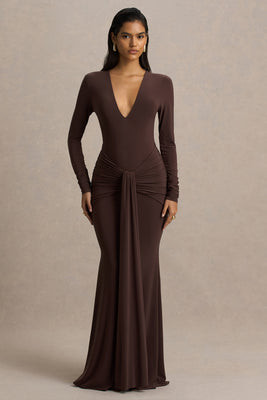 Saffie | Chocolate Extreme-Plunge Wrap Maxi Dress With Long-Sleeves And Ruched Detailing | Club L London