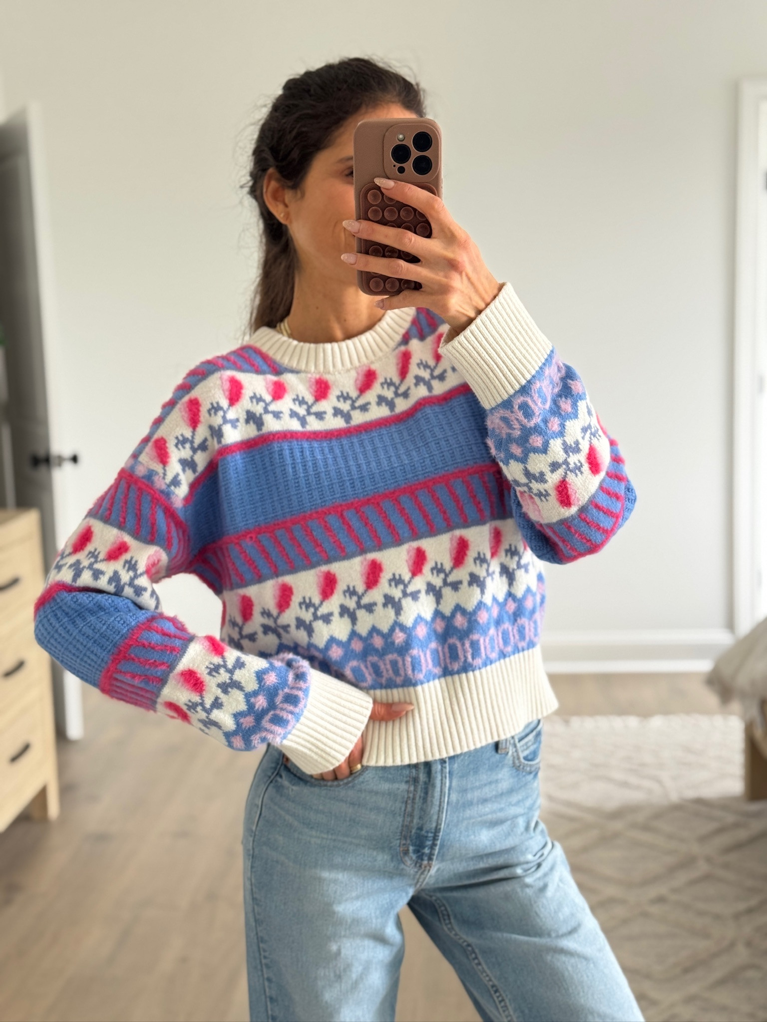 Easy everyday outfit with a cozy patterned sweater, straight leg jeans, and neutral flats. Perfect casual look for winter to spring, teacher outfit inspo, comfortable everyday style, classic denim outfit, affordable fashion finds.

#LTKootd #LTKFindsUnder50 #LTKSeasonal