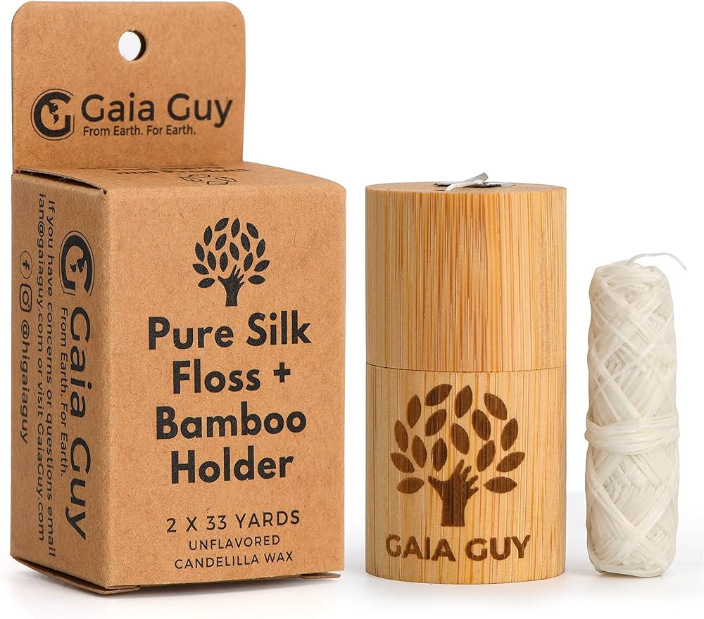 Gaia Guy Natural Unflavored Silk Dental Floss with Floss Refill & Reusable Bamboo Holder | 2 x 33... | Amazon (CA)