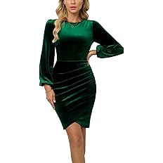 Velvet Dress for Women Wrap V Neck Long Sleeve Ruched Midi Dresses for Cocktail Evening Party | Amazon (US)