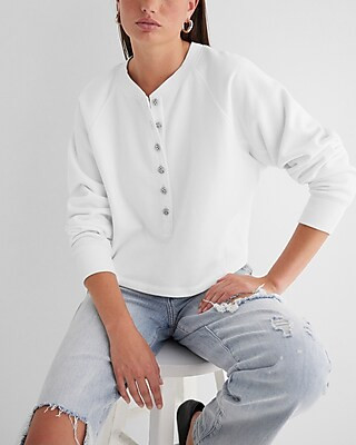 Rhinestone Button Boxy Henley Fleece Sweatshirt | Express