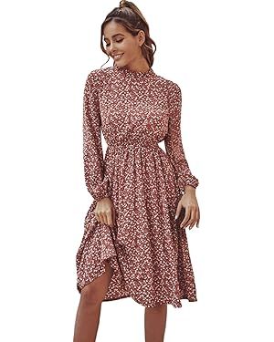 Floerns Women's Mock Neck Long Sleeve Floral Print Work Dress | Amazon (US)