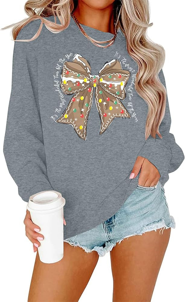 Christmas Bow Shirts for Women Merry and Bright Sweatshirt Vintage Xmas Vacation Casual Long Slee... | Amazon (US)