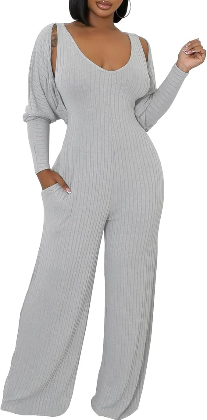 ECHOINE Womens V Neck Wide Leg Jumpsuits with Pockets Ribbed Long Sleeve Coat Pants 2 Piece Sets ... | Amazon (US)