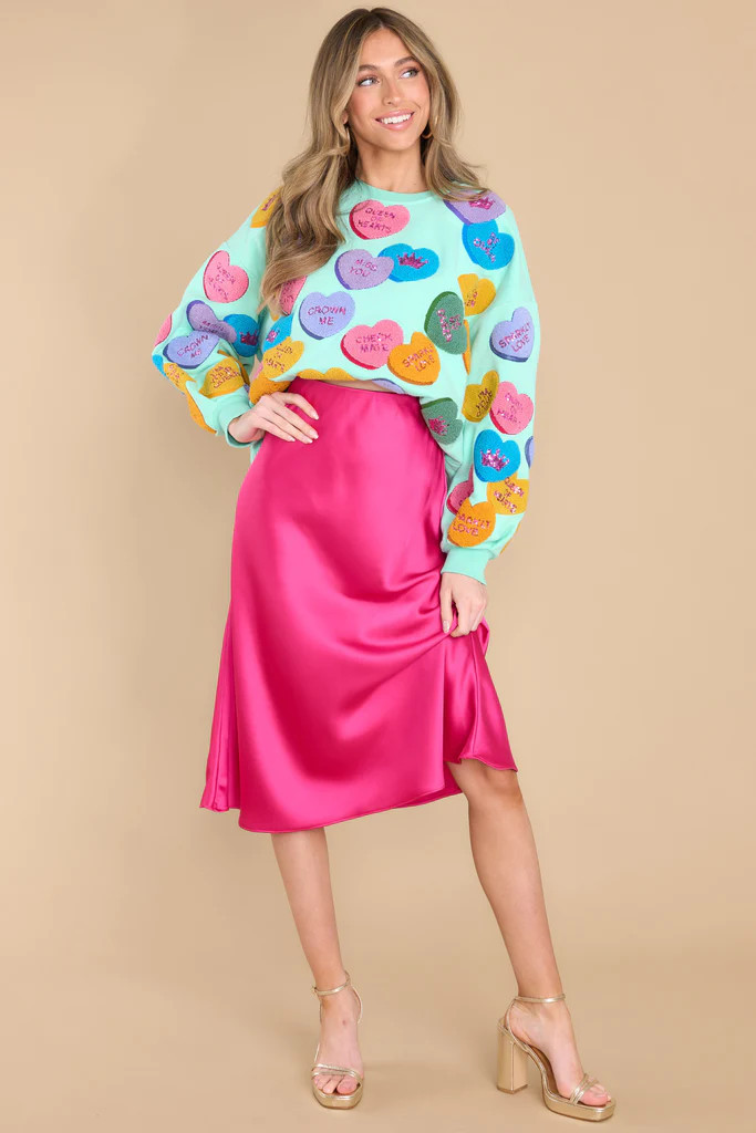 Mint Fuzzy Candy Heart Queen Sweatshirt | Red Dress 