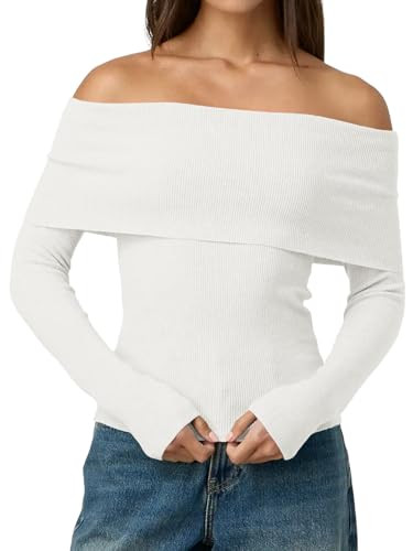 LILLUSORY Womens Off The Shoulder Sweater Fall Long Sleeve Going Out Y2k Tops Winter Date Night Outfits, Beige, L | Amazon (US)