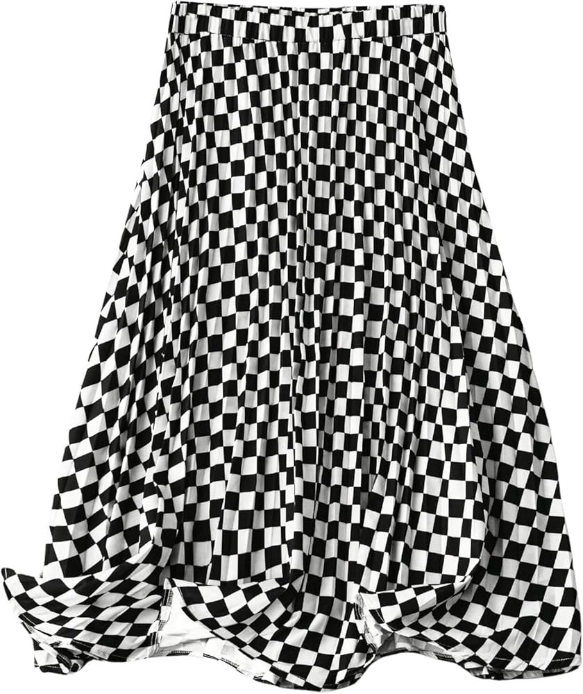 WDIRARA Women's Plus Size Checkered Elastic Waist A Line Flowy Skirt Plaid Flared Midi Skirt | Amazon (US)