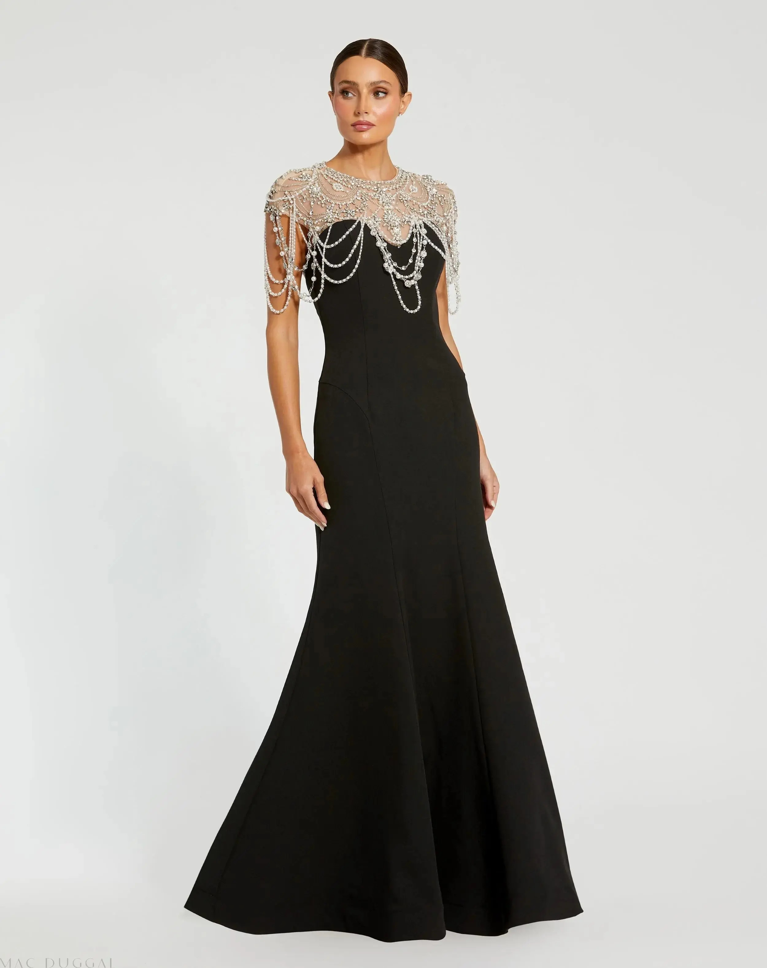 Black Draped Pearl Beaded Mermaid Gown | Mac Duggal | Mac Duggal