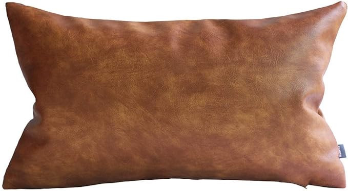 Kdays Thick Brown Faux Leather Lumbar Pillow Cover Cognac Leather Decorative Throw Pillow Case Fa... | Amazon (US)