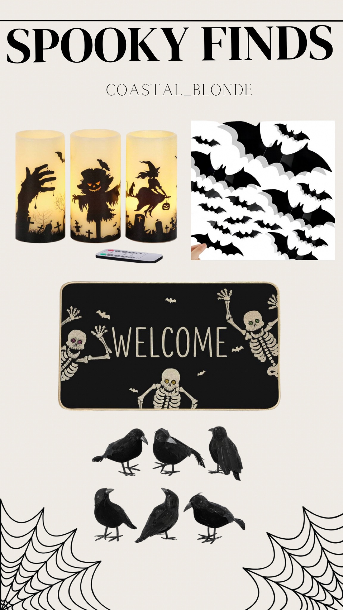 Spooky finds Halloween home decor inexpensive 
Door mat
Wall bats stick on 
Glow candles 
Fake crow birds 

#LTKHalloween #LTKHoliday #LTKfindsunder100
